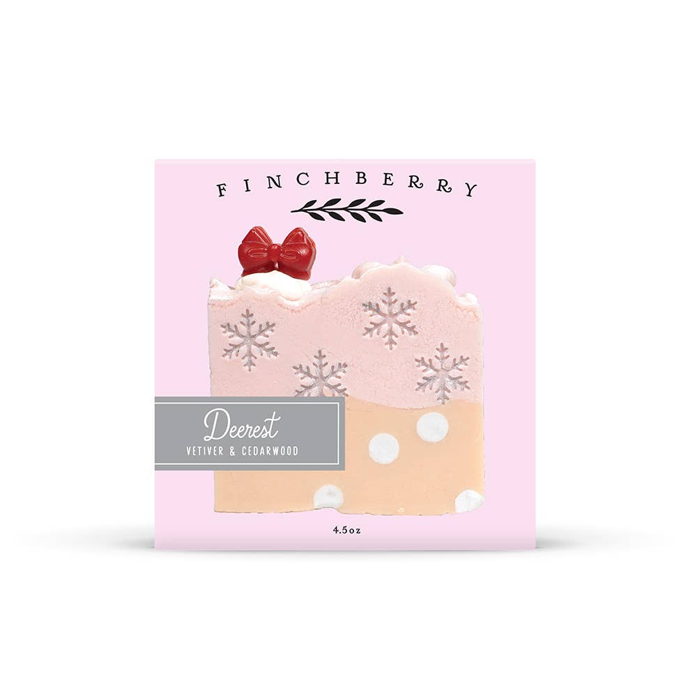 Finchberry soap bar packaging with pink background and decorative elements