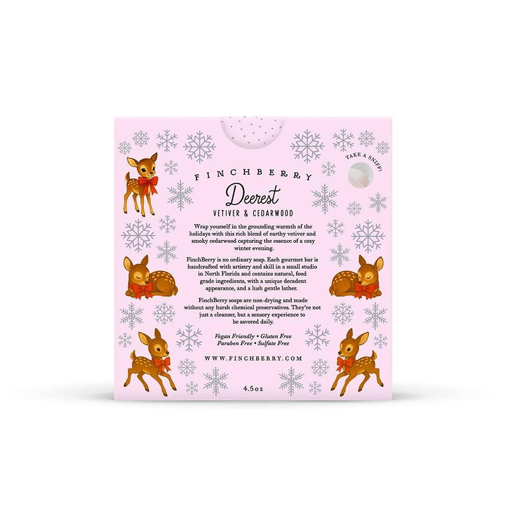 Finchberry soap packaging with deer illustrations on a pink background