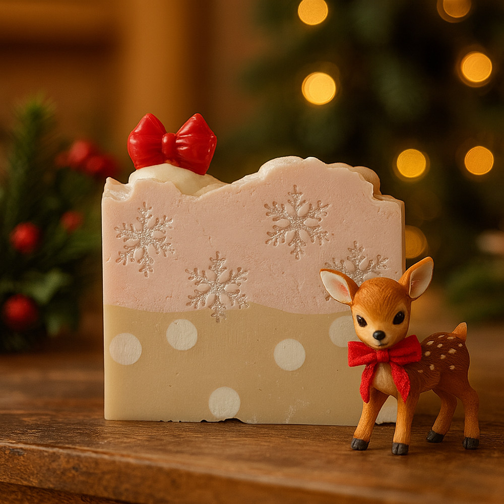 Decorative soap with snowflake patterns and a red bow, accompanied by a small deer figurine, against a festive background.