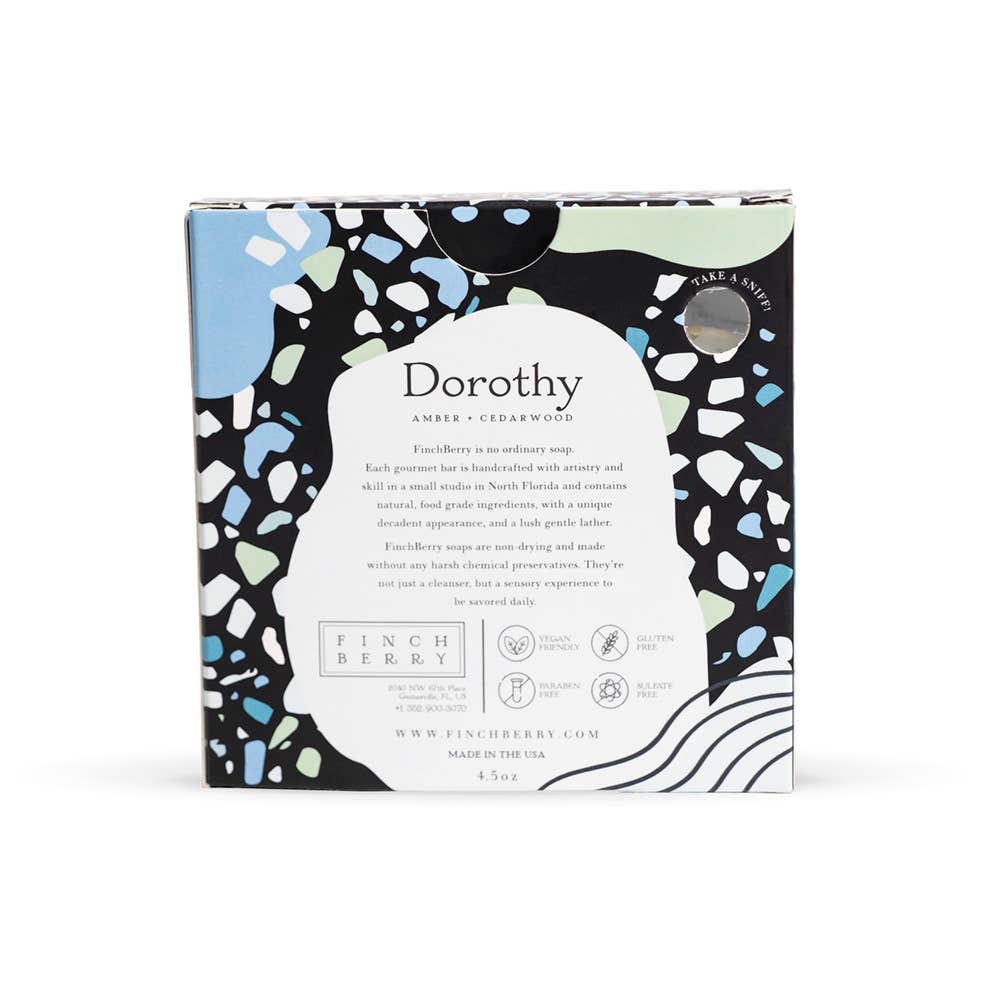 Packaged soap with decorative design and 'Dorothy' branding on a white background