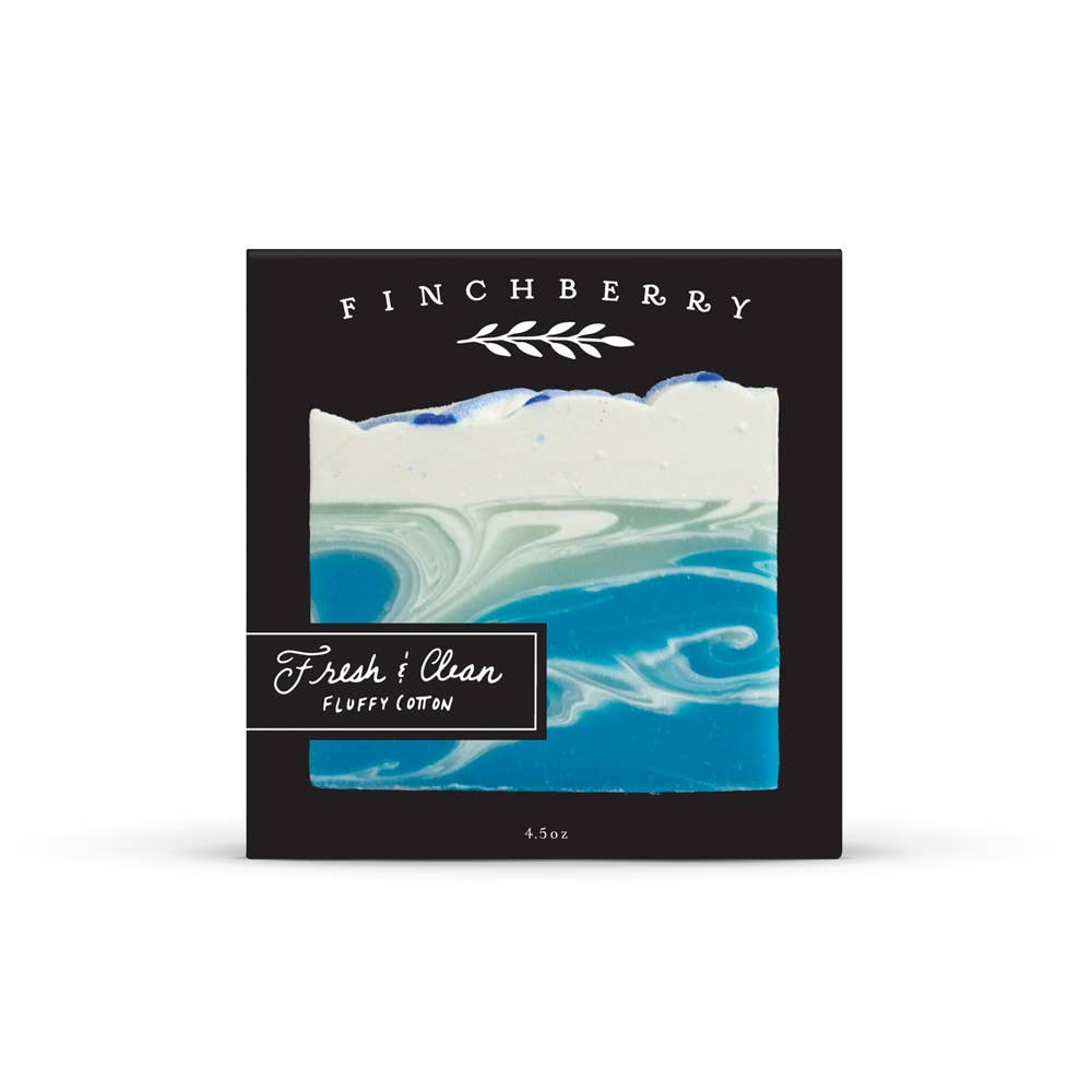 Finchberry soap packaging with blue and white marbled design on a black background