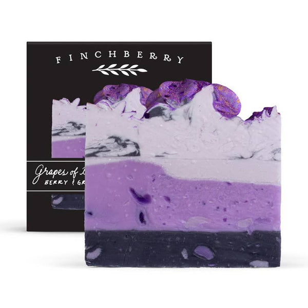 Layered purple and white soap with Finchberry branding on a white background