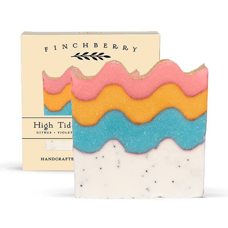 Colorful soap bar with wavy layers and 'Finchberry' packaging on a white background