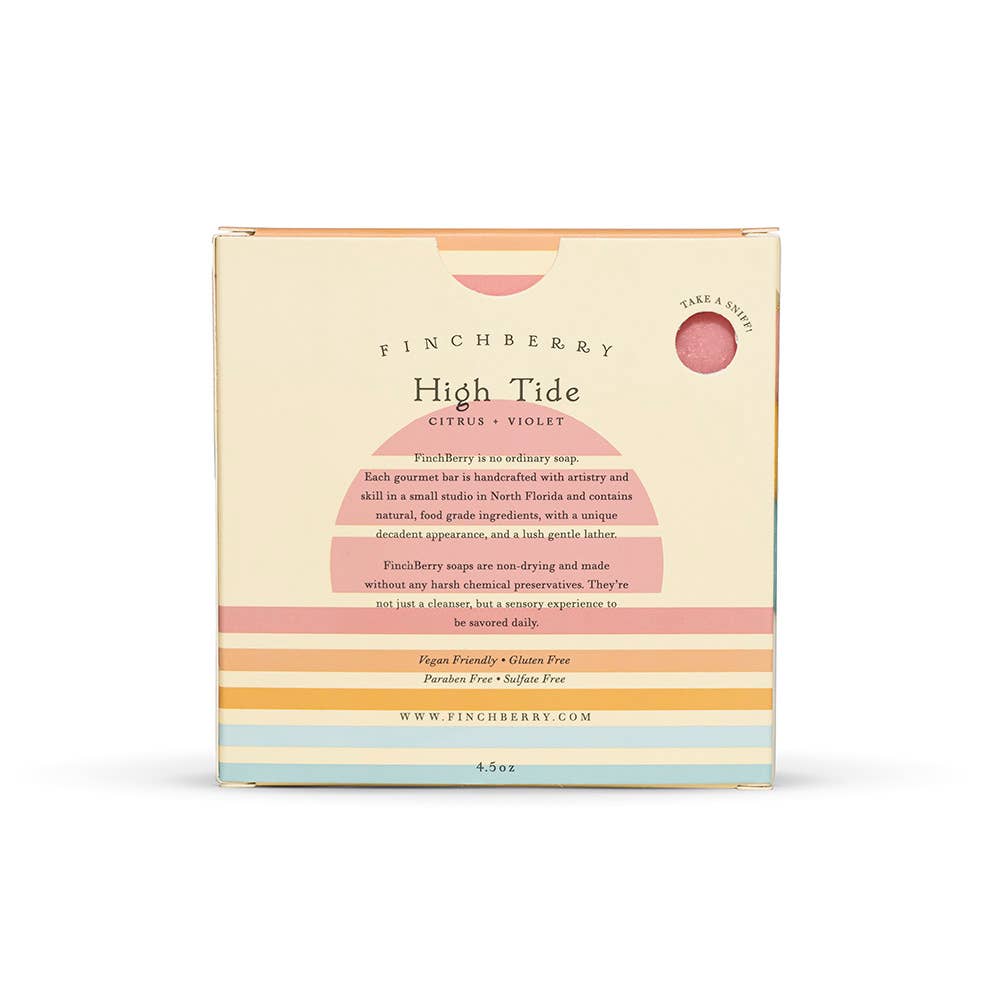 Finchberry soap packaging with product details on a white background