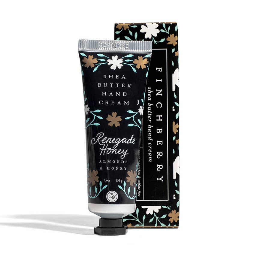 Shea butter hand cream with floral design packaging on a white background