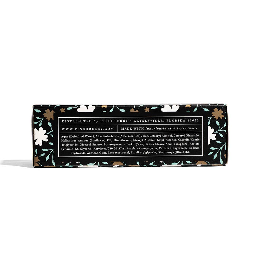 Product packaging with floral design and text on a white background