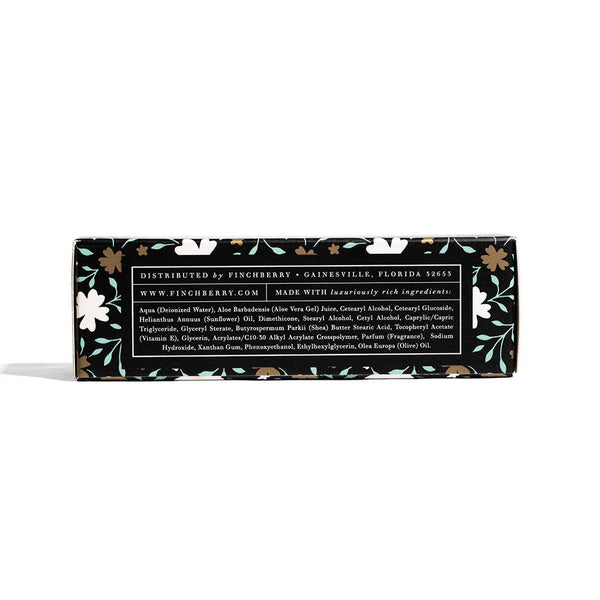 Product packaging with floral design and text on a white background