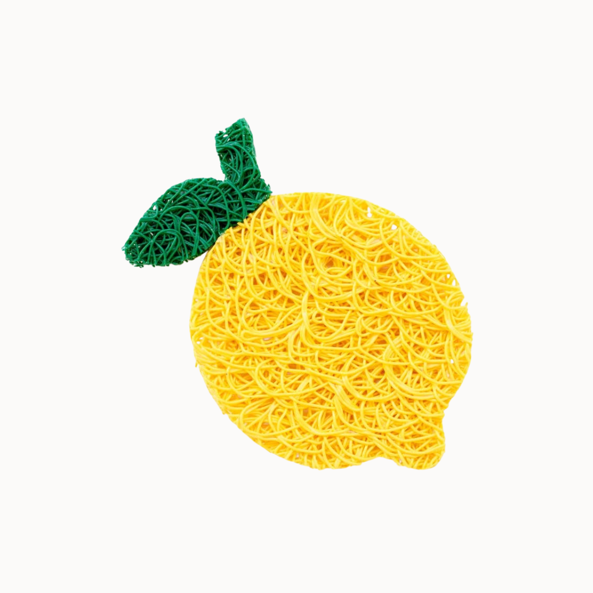 A novelty doormat shaped like a lemon, made from tightly woven yellow rope with a green rope leaf stem, isolated on a white background.