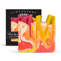 Colorful marbled soap bars with 'Finchberry' packaging on a white background