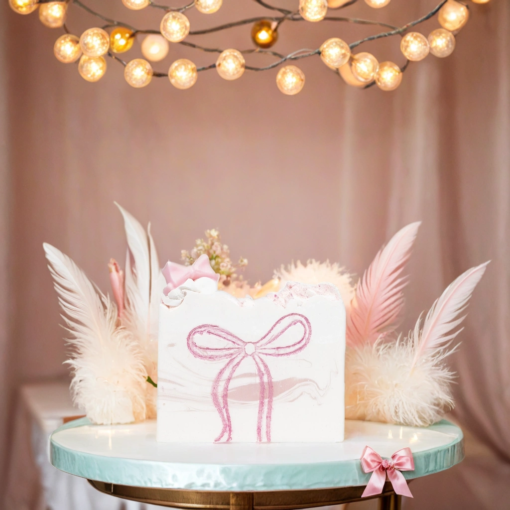 Decorative cake with feathers and a pink bow on a table, illuminated by string lights.