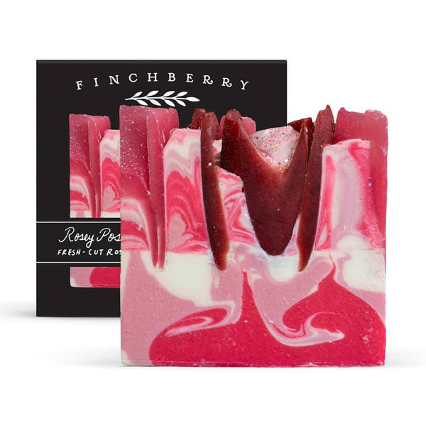 Marbled pink and white soap bar with 'Finchberry' branding on a white background
