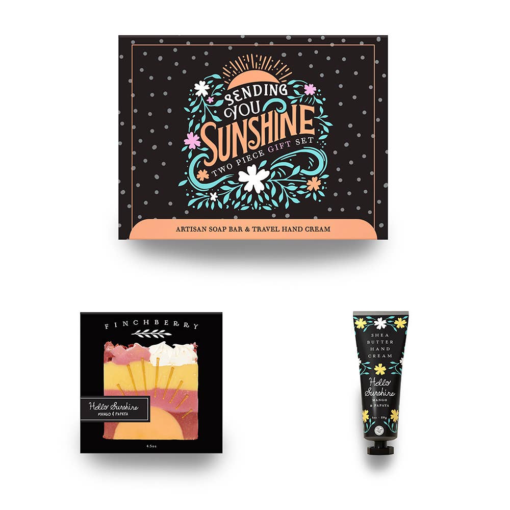 Sunshine-themed gift set with soap bar and hand cream on a white background