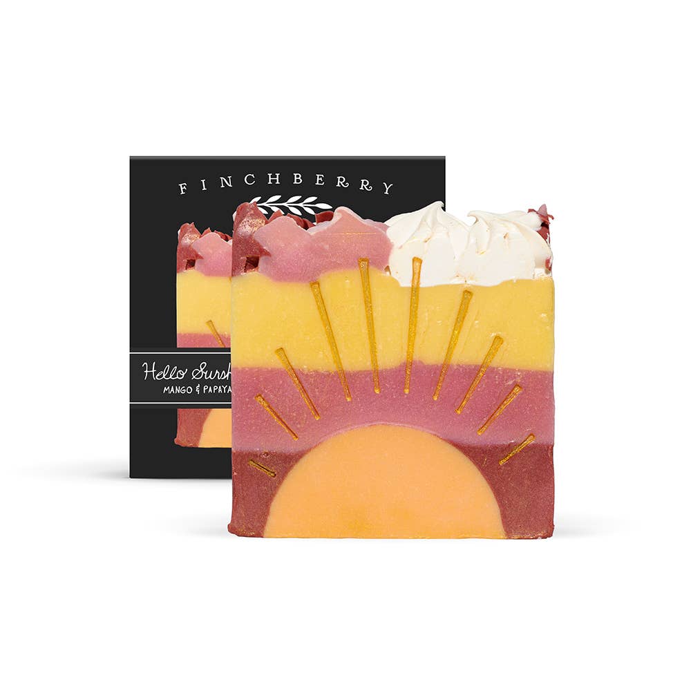 Colorful soap bar with sunset design and 'Finchberry' branding on a white background