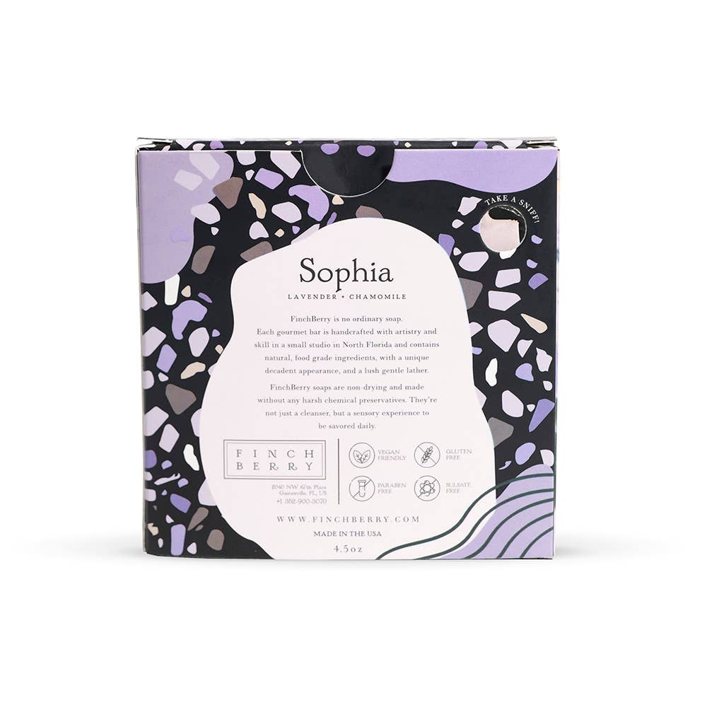 Packaging of Finch Berry soap with 'Sophia' branding on a white background