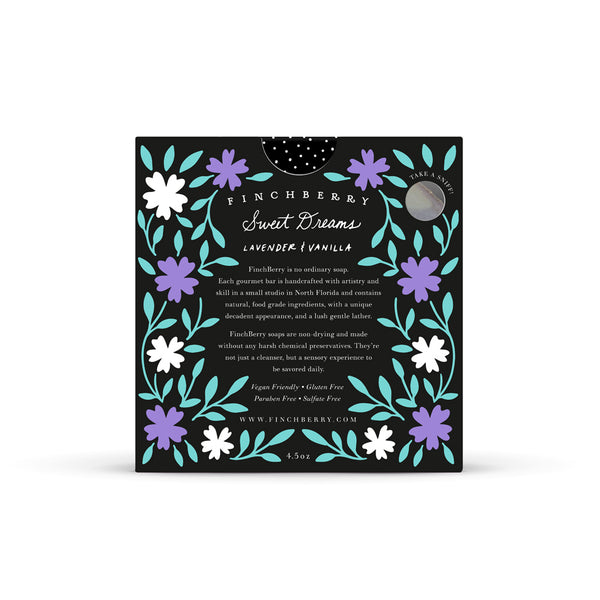 Finchberry soap packaging with floral design on a white background