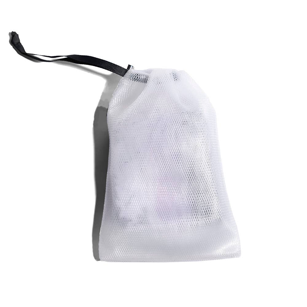 White mesh laundry bag with a black drawstring on a white background