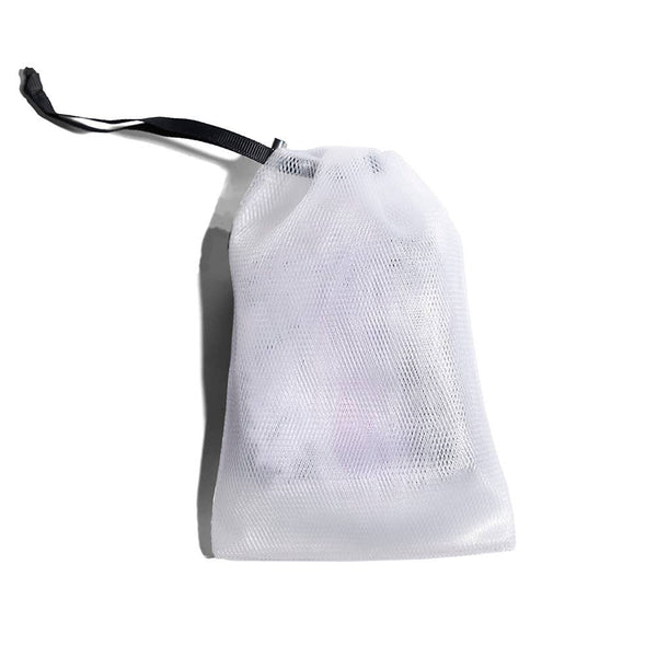 White mesh laundry bag with a black drawstring on a white background