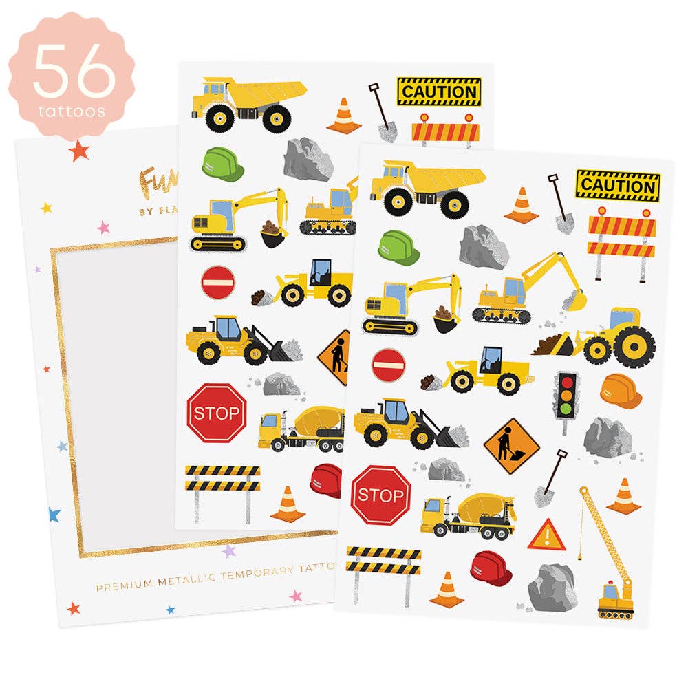 Sheet of construction-themed temporary tattoos with various vehicles and symbols on a white background.