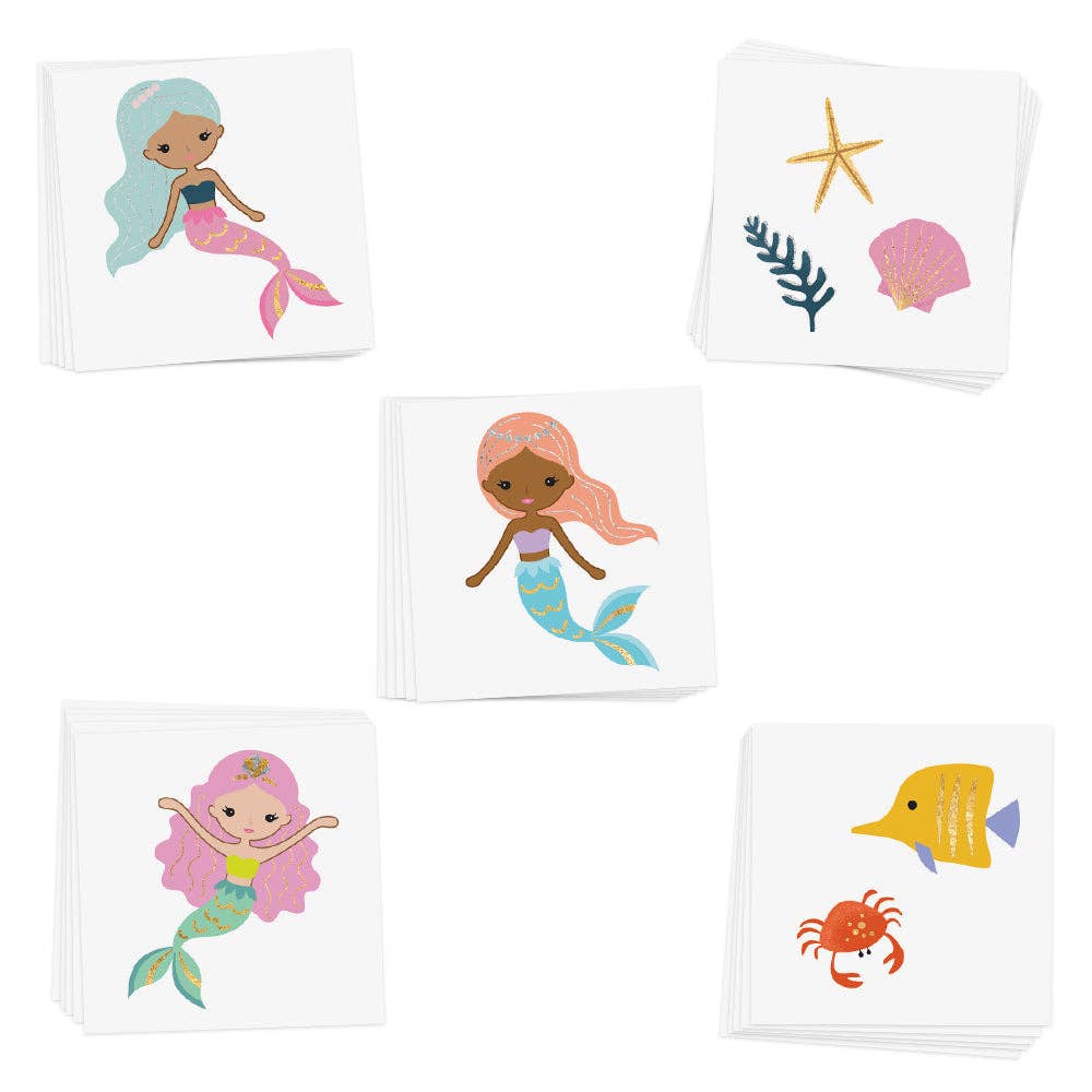 Set of small cards with mermaid illustrations on a white background