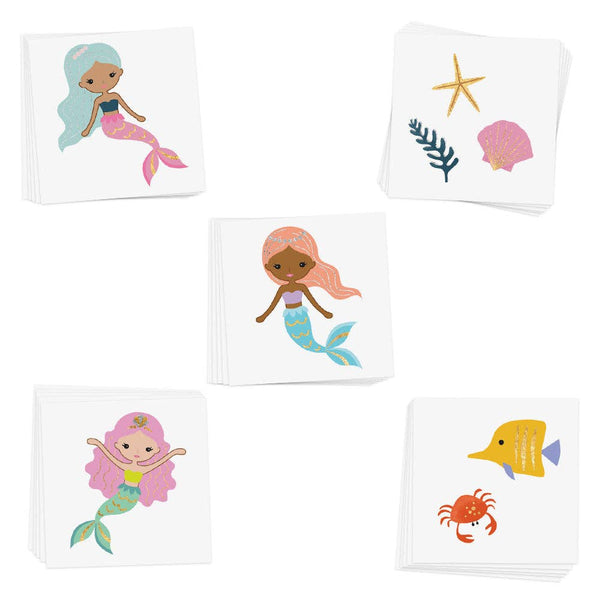 Set of small cards with mermaid illustrations on a white background