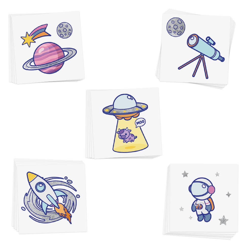 Set of space-themed temporary tattoos on white cards.