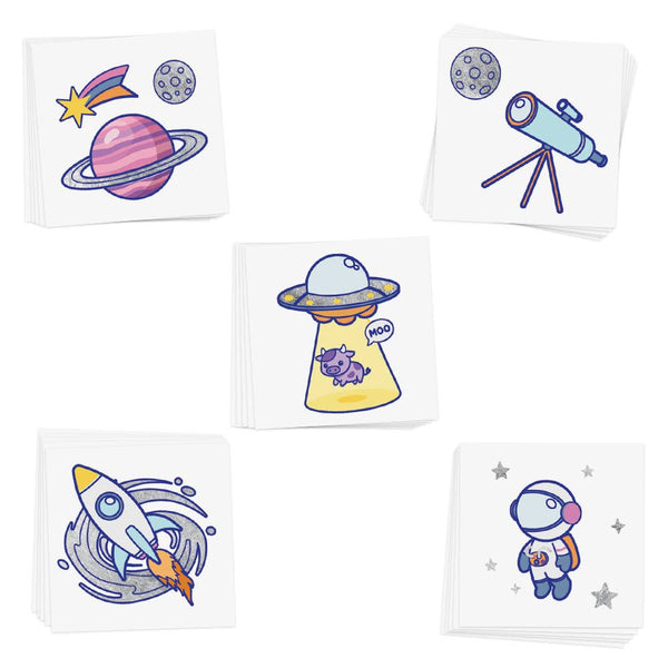 Set of space-themed temporary tattoos on white cards.