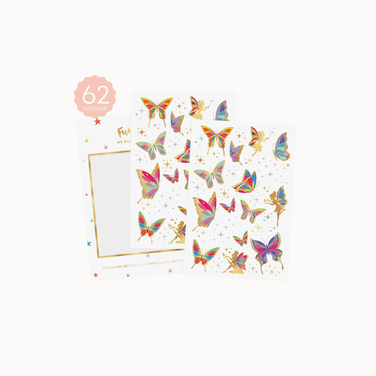 Two sheets of metallic butterfly temporary tattoos on a white background, featuring a pink circular badge that reads '62 tattoos'. The butterflies are decorated with vibrant rainbow gradients and gold foil outlines.