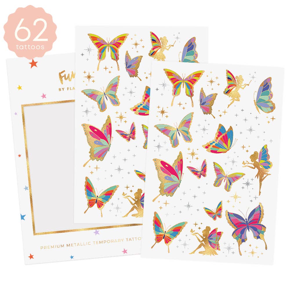 Sheet of colorful butterfly and fairy tattoos with 'Fun by Ella' branding on a white background.