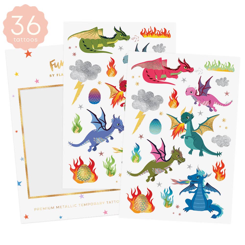 Sheet of colorful dragon temporary tattoos with a card on a white background