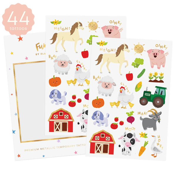 Sheets of farm animal temporary tattoos with colorful designs on a white background.