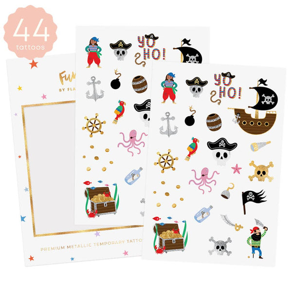 Pirate-themed temporary tattoos with colorful designs on a white card.