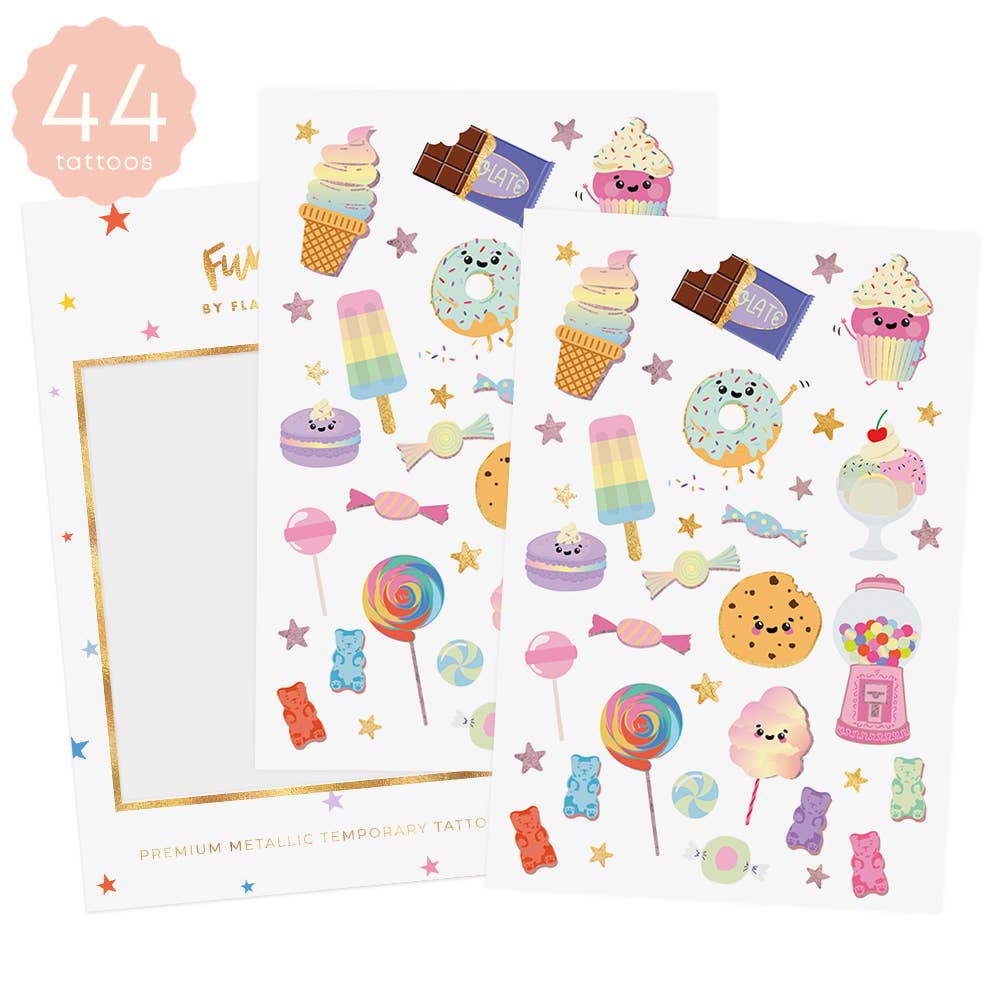 Sheet of colorful temporary tattoos featuring sweets and desserts on a white background.