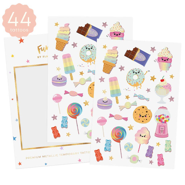 Sheet of colorful temporary tattoos featuring sweets and desserts on a white background.