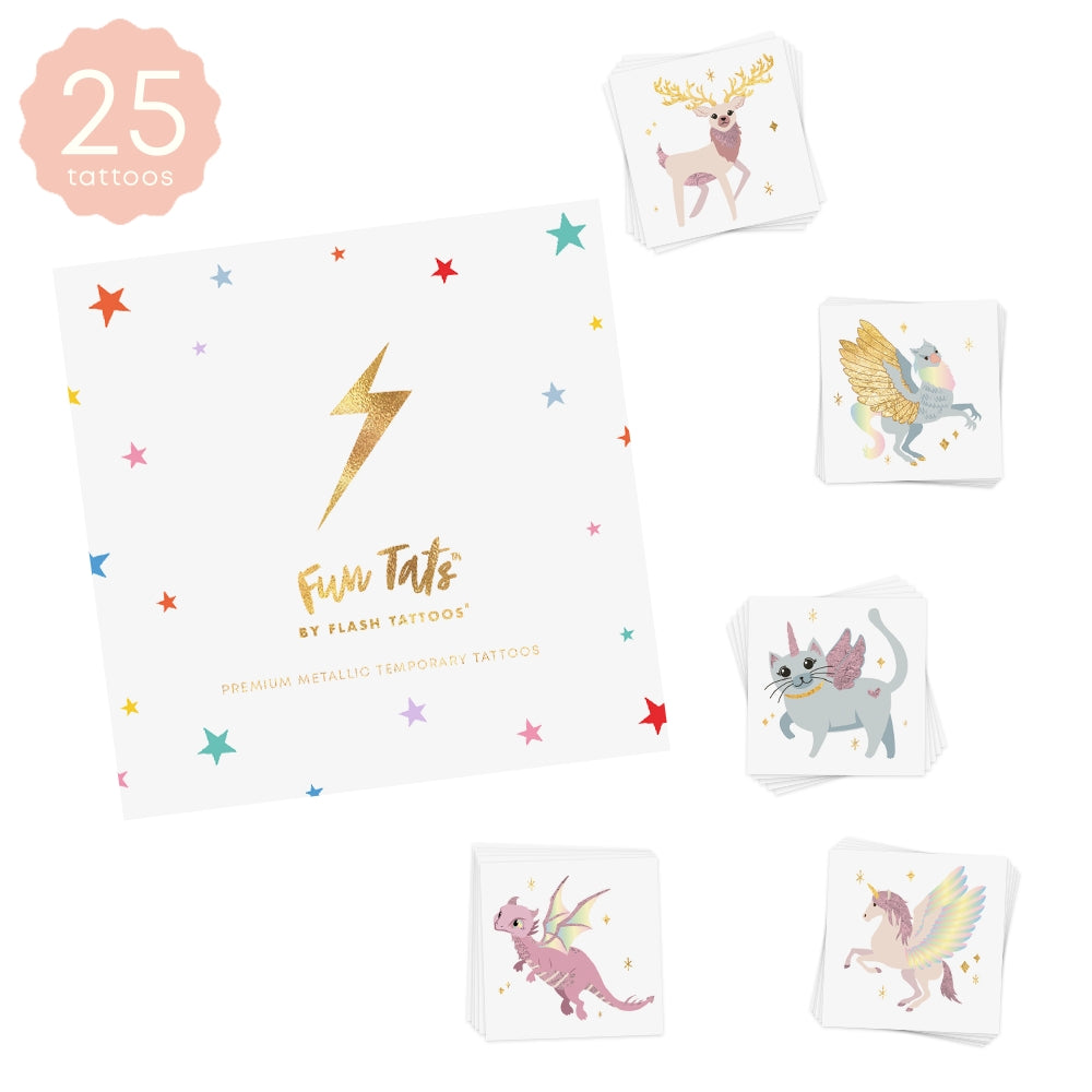 Set of colorful temporary tattoos with cartoon designs on a white background