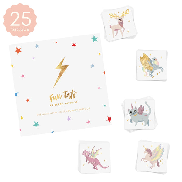 Set of colorful temporary tattoos with cartoon designs on a white background