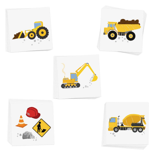 Set of twenty five children's temporary tattoos with construction vehicle illustrations on a white background