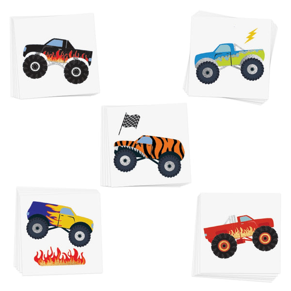 Set of five colorful monster truck tattoos on white paper