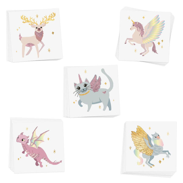 Set of five illustrated temporary tattoos featuring animals with fantasy elements on a white background.