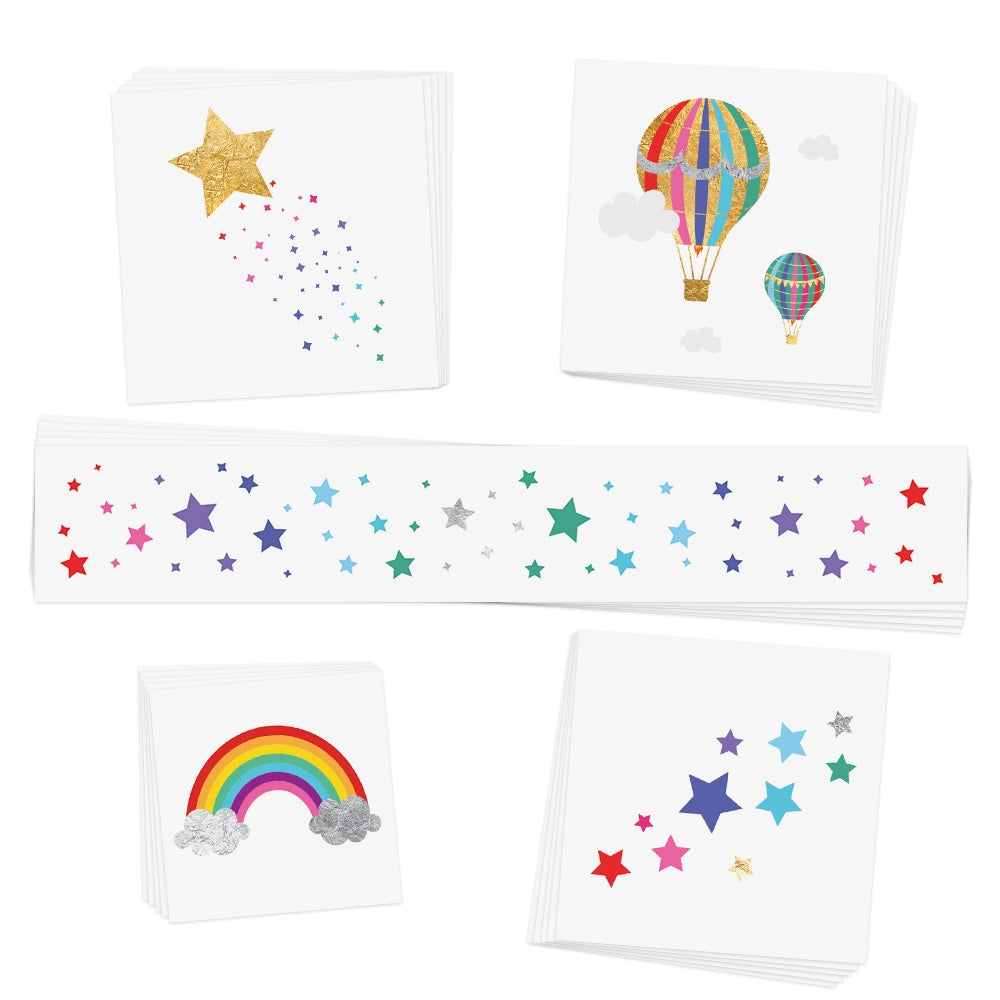 Set of decorative temporary tattoos with star, rainbow, and hot air balloon designs on a white background.