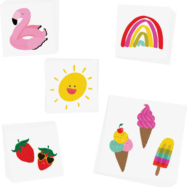 Set of colorful temporary tattoos including a flamingo, rainbow, sun, ice cream cones, and popsicles on a white background.