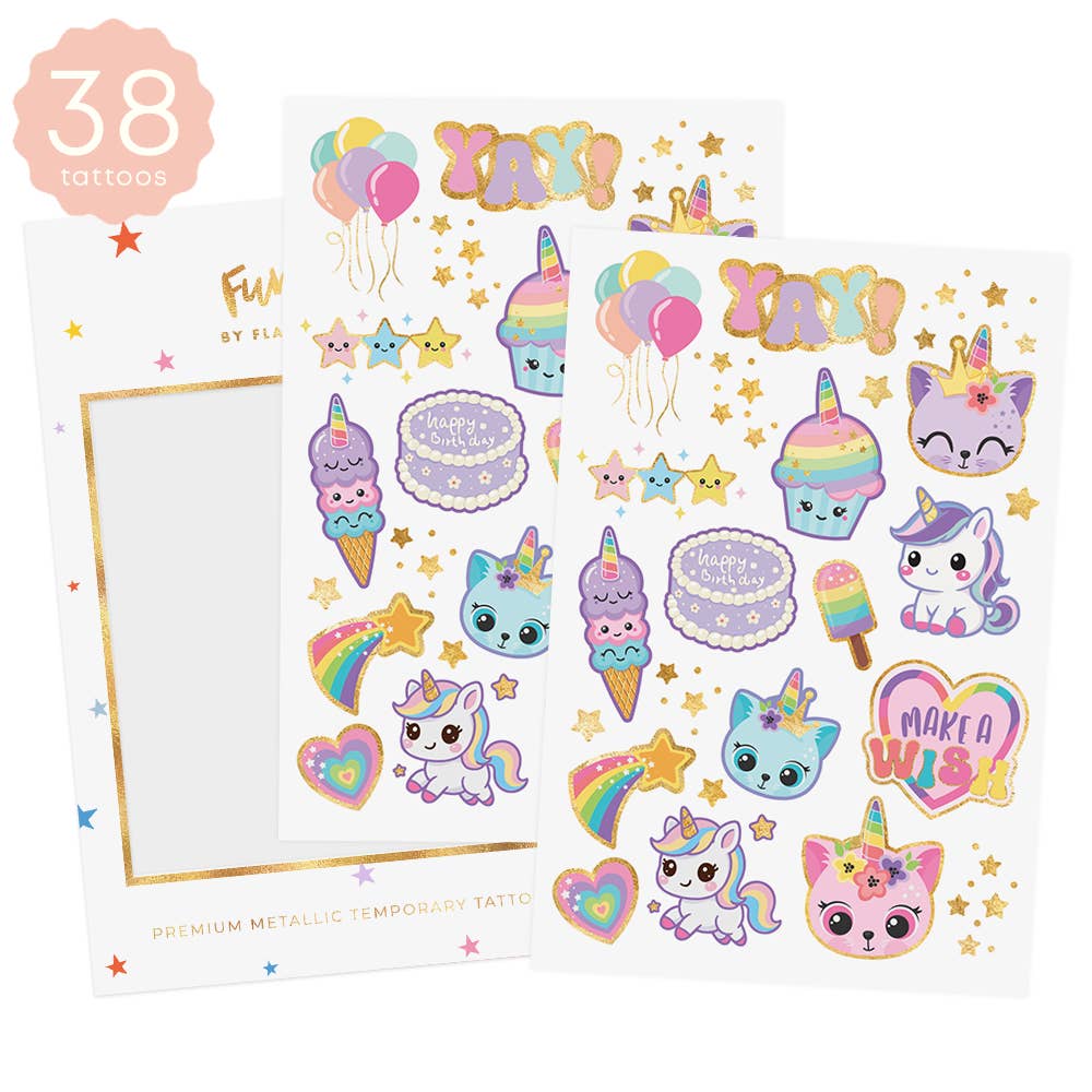Unicorn-themed tattoo sheet with colorful designs on a white background
