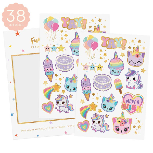 Unicorn-themed tattoo sheet with colorful designs on a white background