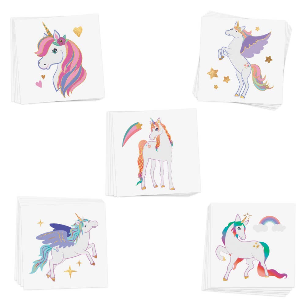 Set of five small square temporary tattoos with colorful unicorn illustrations on a white background