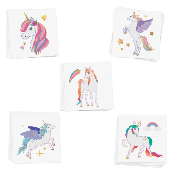 Set of five small square temporary tattoos with colorful unicorn illustrations on a white background