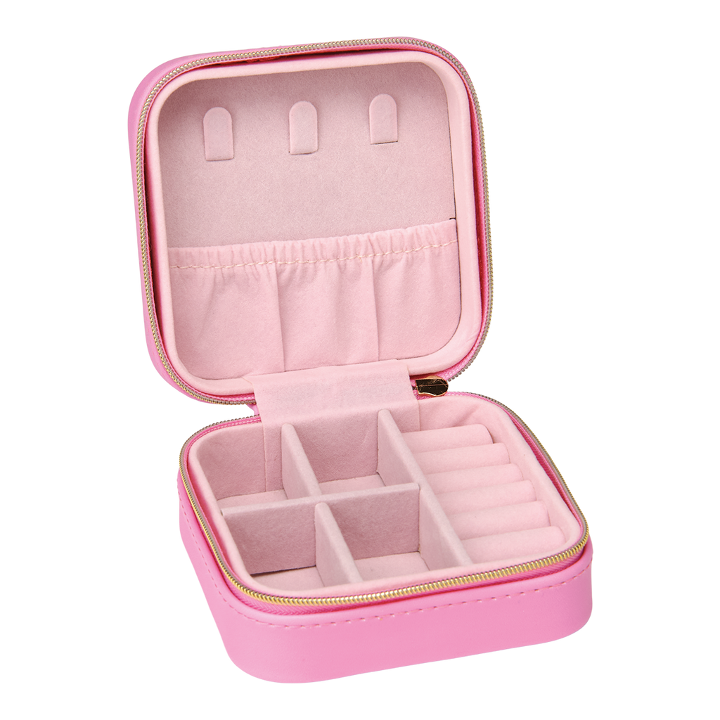Pink jewelry case with compartments on a white background