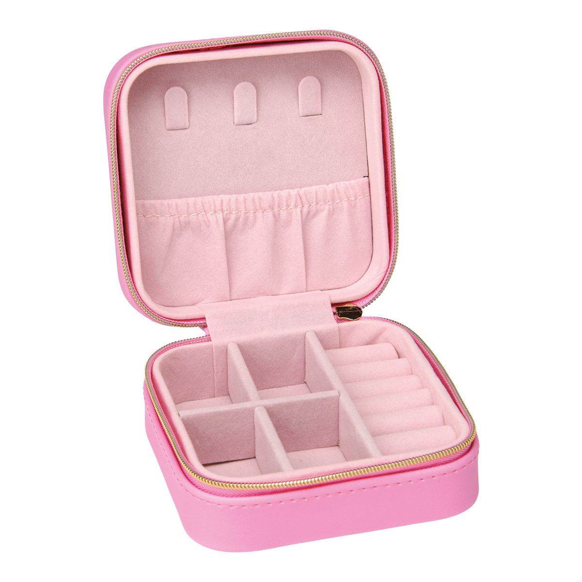 Pink jewelry case with compartments on a white background