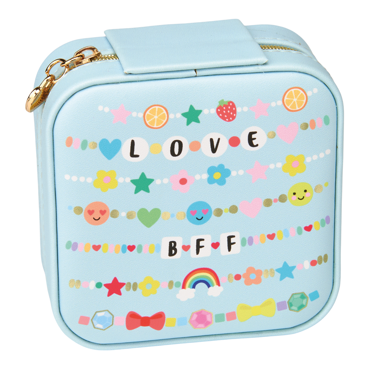 A light blue square lunch bag with a top zipper and handle, decorated with colorful fruit slices, hearts, stars, smiley faces, a rainbow, and the words 'LOVE' and 'BFF' in letter tiles, shown on a plain white background.