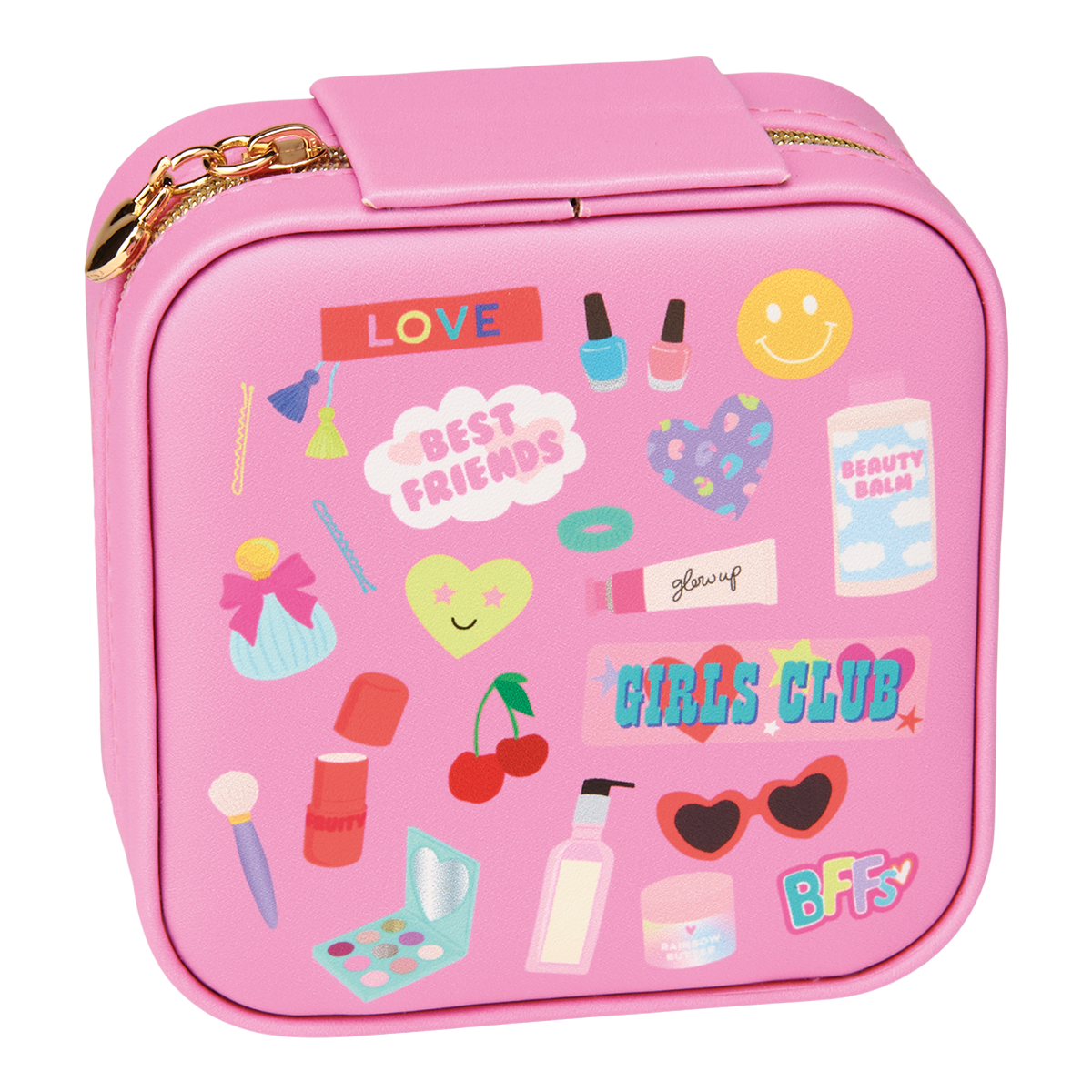 A pink square cosmetic bag with a top zipper and a colorful printed collage of beauty-themed stickers and phrases, including 'LOVE', 'BEST FRIENDS', 'GIRLS CLUB', and 'BFF'.