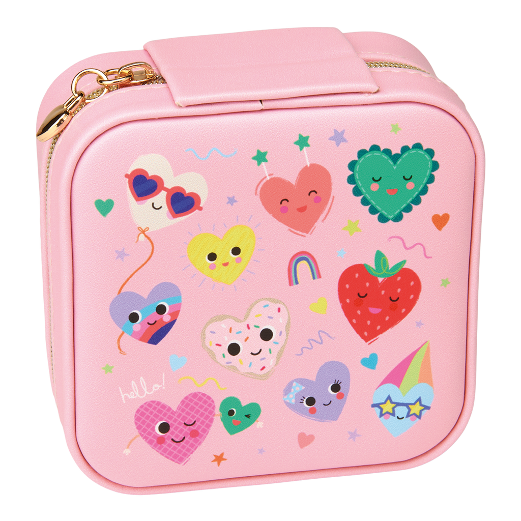 A pink square lunch bag with a top handle and gold zipper, decorated with a playful pattern of cute cartoon hearts, strawberries, stars, and a rainbow on a white background.