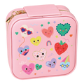 A pink square lunch bag with a top handle and gold zipper, decorated with a playful pattern of cute cartoon hearts, strawberries, stars, and a rainbow on a white background.